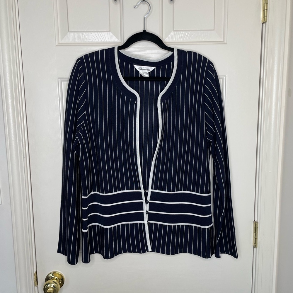 Exclusively Misook Navy Blue & White Striped Button Front Knit Cardigan L